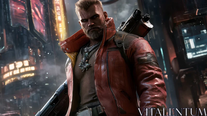 Scarred cyberpunk sentinel stalks neon alleys in red armor.