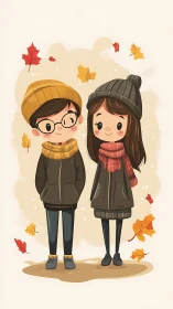 Two Young Characters in Autumn Clothing and Fall Leaves.