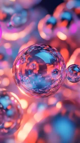 Macro translucent bubbles in neon bokeh, shallow depth of field.