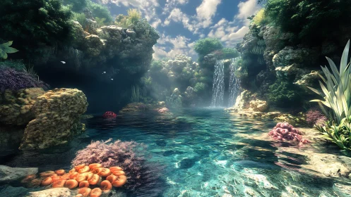 Luminous tropical lagoon with cascading crystal waterfall.