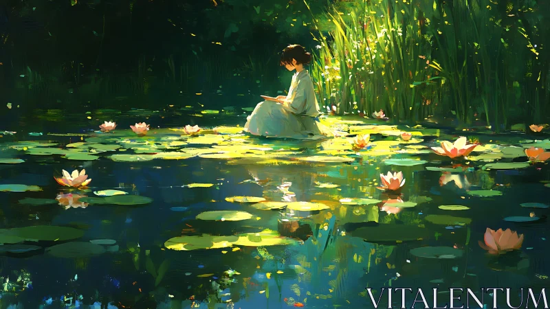 Figure sits reading on pond lilies under filtered daylight