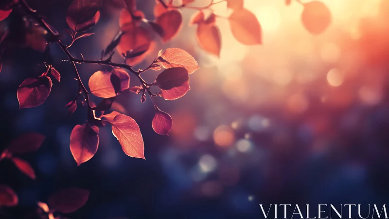 Sunlit red leaves hang sharply focused against soft bokeh