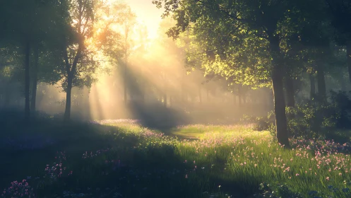Sunlit forest clearing with wildflowers and filtered rays.