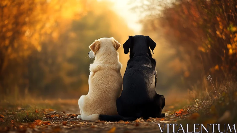 Two dogs sit on a forest path in warm autumn light