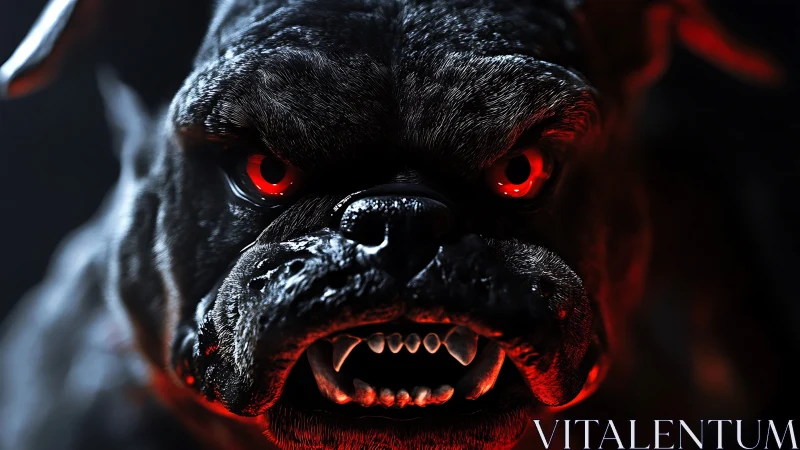Demonic bulldog close-up with glowing red eyes and fangs.