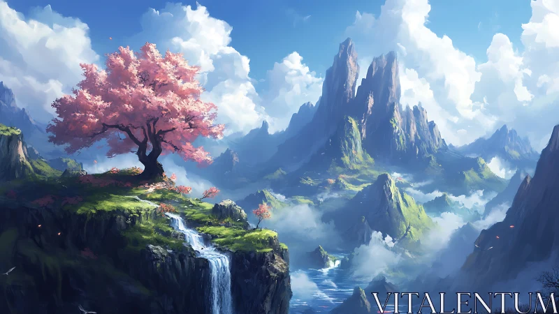Solitary pink tree stands above waterfalls in mountainous valley