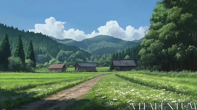 Rural farm structures align along dirt path before forested hills