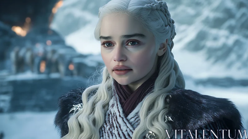 Photorealistic snowbound portrait with braided silver hair focus.