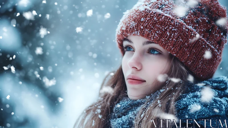 Snow dusted girl in red knit hat under soft winter light.