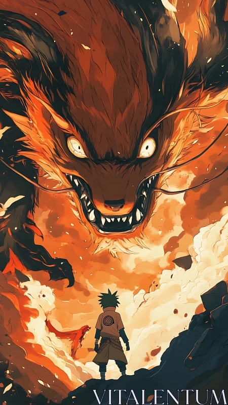 Young ninja faces colossal fiery fox spirit head on