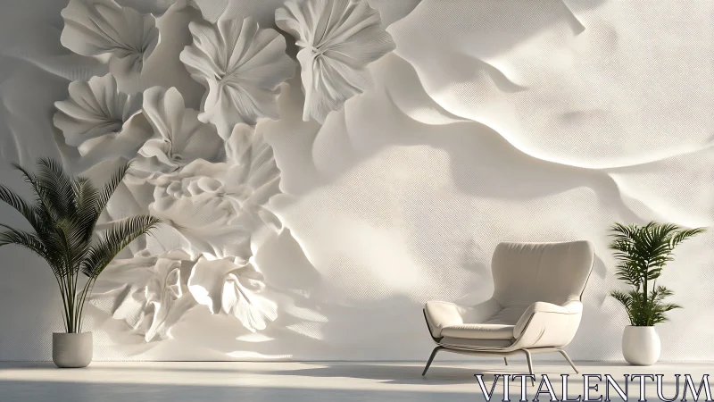 Modern lounge chair against sculpted white floral wall art.