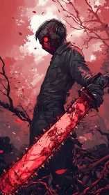 Midnight mask and crimson chainsaw in a haunted grove.