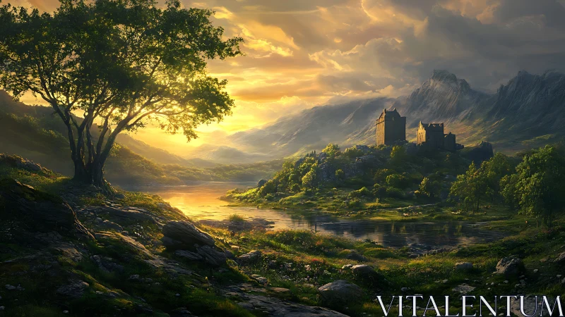 Sunlit medieval castle overlooks tranquil valley river
