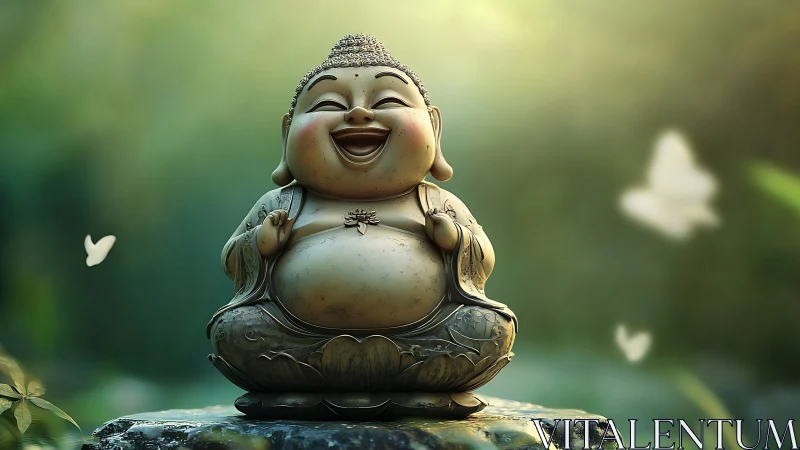Laughing Buddha figurine on stone with soft green backdrop.