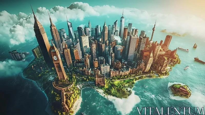 Hybrid global skyline island with iconic towers in vivid light