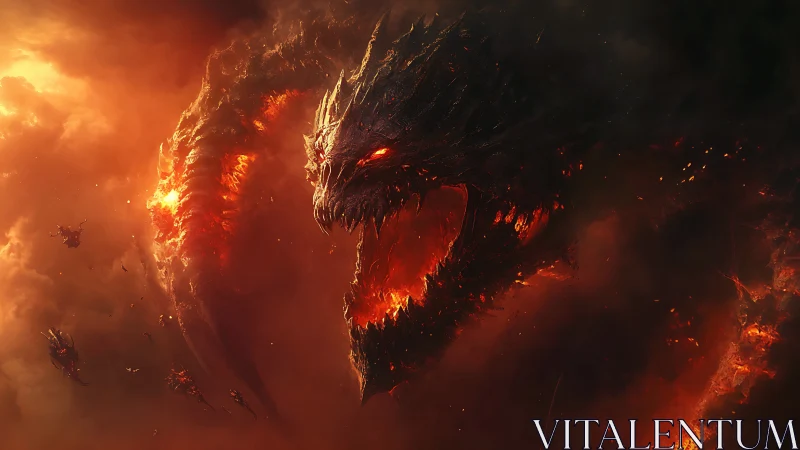 Inferno serpent eclipses sky in roaring wildfire crown.