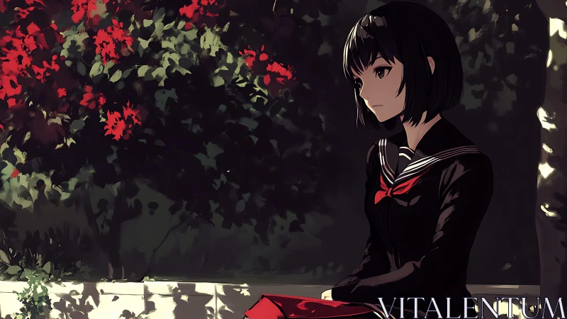 Anime schoolgirl portrait in shaded garden environment.