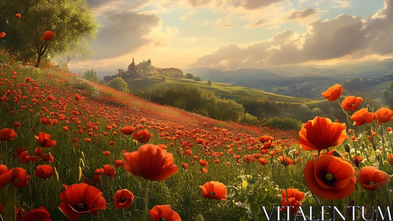 Vast poppy field on hillside beneath distant village at sunset.