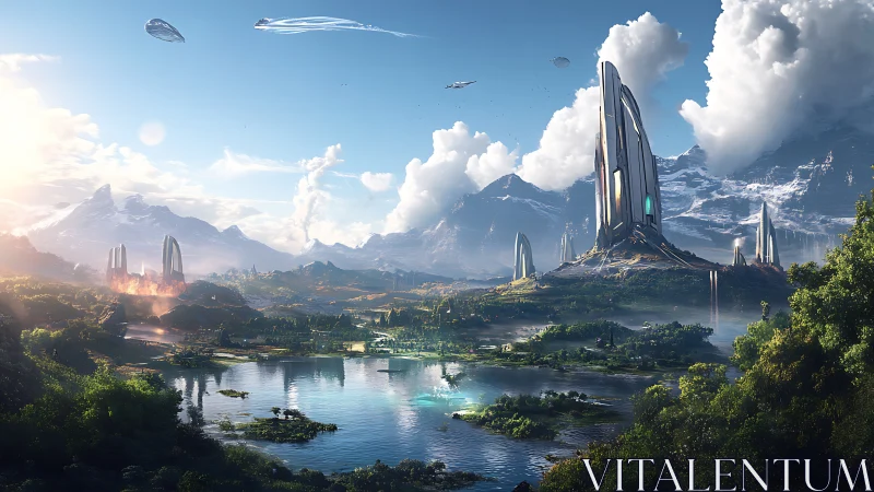 Futuristic alpine megacity rises above reflective valley lake