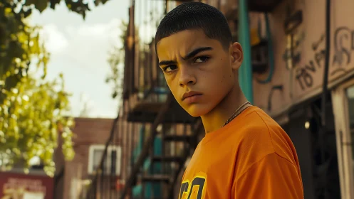 Defiant urban teen in orange shirt on gritty backstreet.