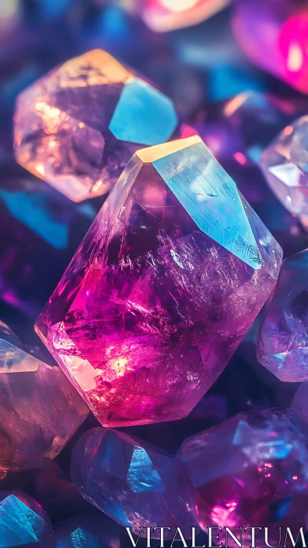 Iridescent quartz crystals under neon rim lighting in macro view.