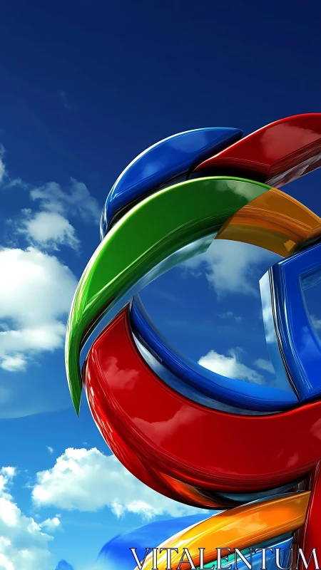 Glossy intertwined color ribbons arc across a vivid sky.