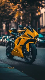 Sunlit yellow superbike poised like a urban street predator.