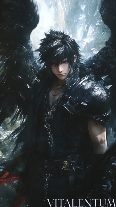 Dark-winged swordsman in stormlit fantasy portrait.