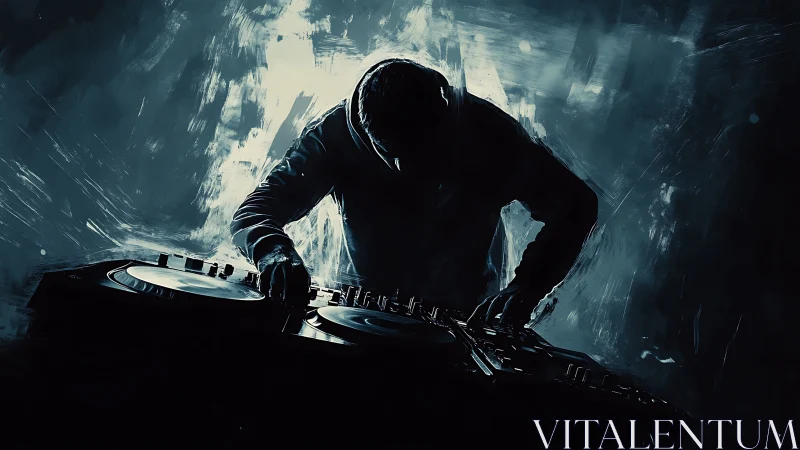 Silhouetted DJ mixing at dual decks in dynamic teal light