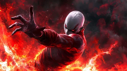 Bald humanoid figure extends hand amid red fire effects