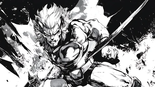 Snarling blade warrior erupts from shattered monochrome storm.