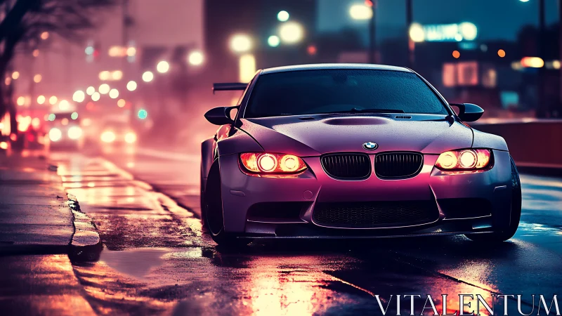 Sport coupe renders neon reflections on a rain-soaked city street