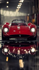 Low-angle frontal study of classic red race car with wet reflection