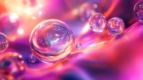 Iridescent 3D bubbles drift across neon liquid waves.