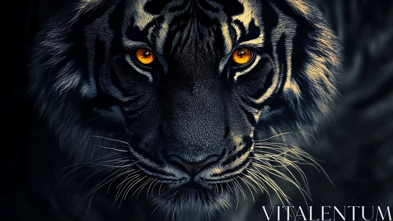 Low-key frontal tiger portrait with burning amber eyes