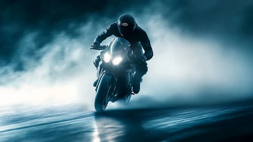 Night rider carving through misty blue city light.