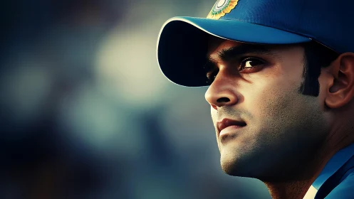 Intense cricket player portrait in cool cinematic light.