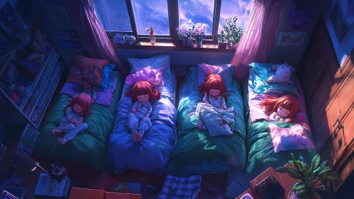 Four sleeping girls share pastel beds under starlit window