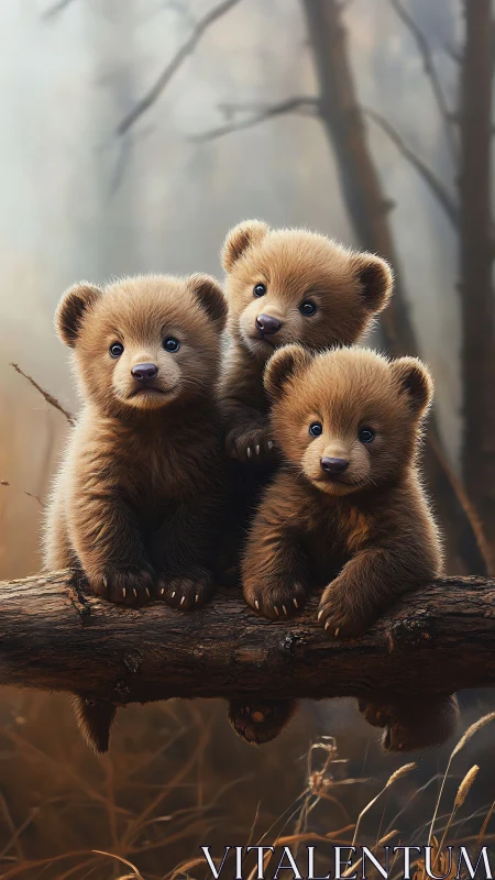 Three curious bear cubs share a cozy log in soft forest light
