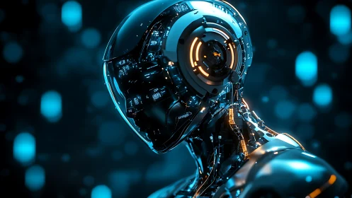 Cyborg head rendered with luminous circuitry in neon bokeh field