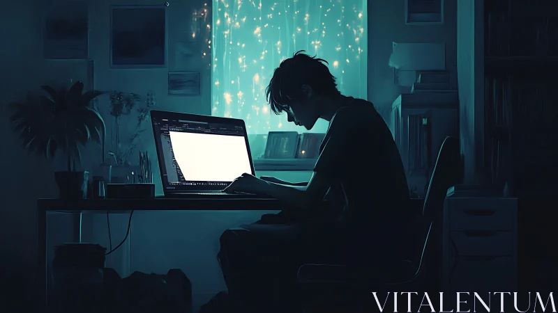 Digital artist working late at laptop in moody blue room.