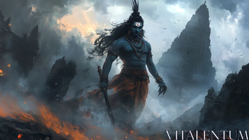 Stormlit blue warrior strides through burning ruined temple