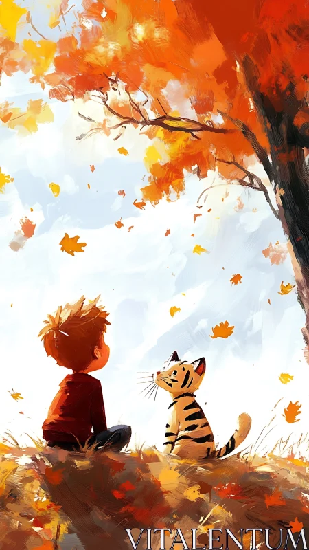 Boy and striped cat under swirling autumn leaves.