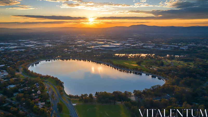 Aerial sunset panorama maps reflective urban lakeside basin