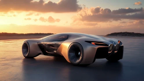 Sunset-slick BMW concept glides like liquid metal over shore.