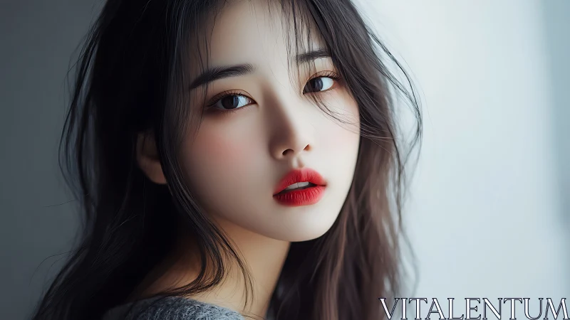 Soft-lit portrait of young woman with vivid red lips.