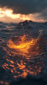 Molten light vortex ignites stormy ocean surface at dusk.
