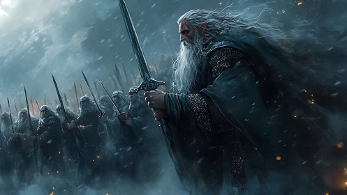 Weathered elven warlord leading his silent winter host.
