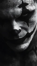 High-contrast monochrome portrait of sinister painted clown.
