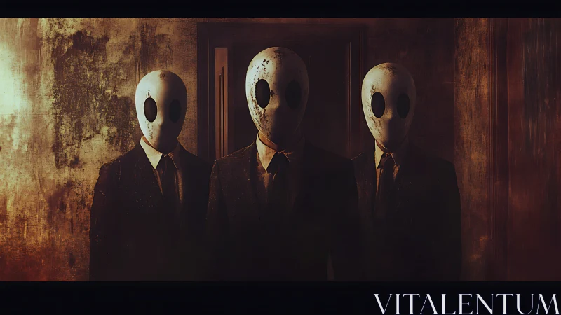 Masked faceless figures in suits within decayed corridor.